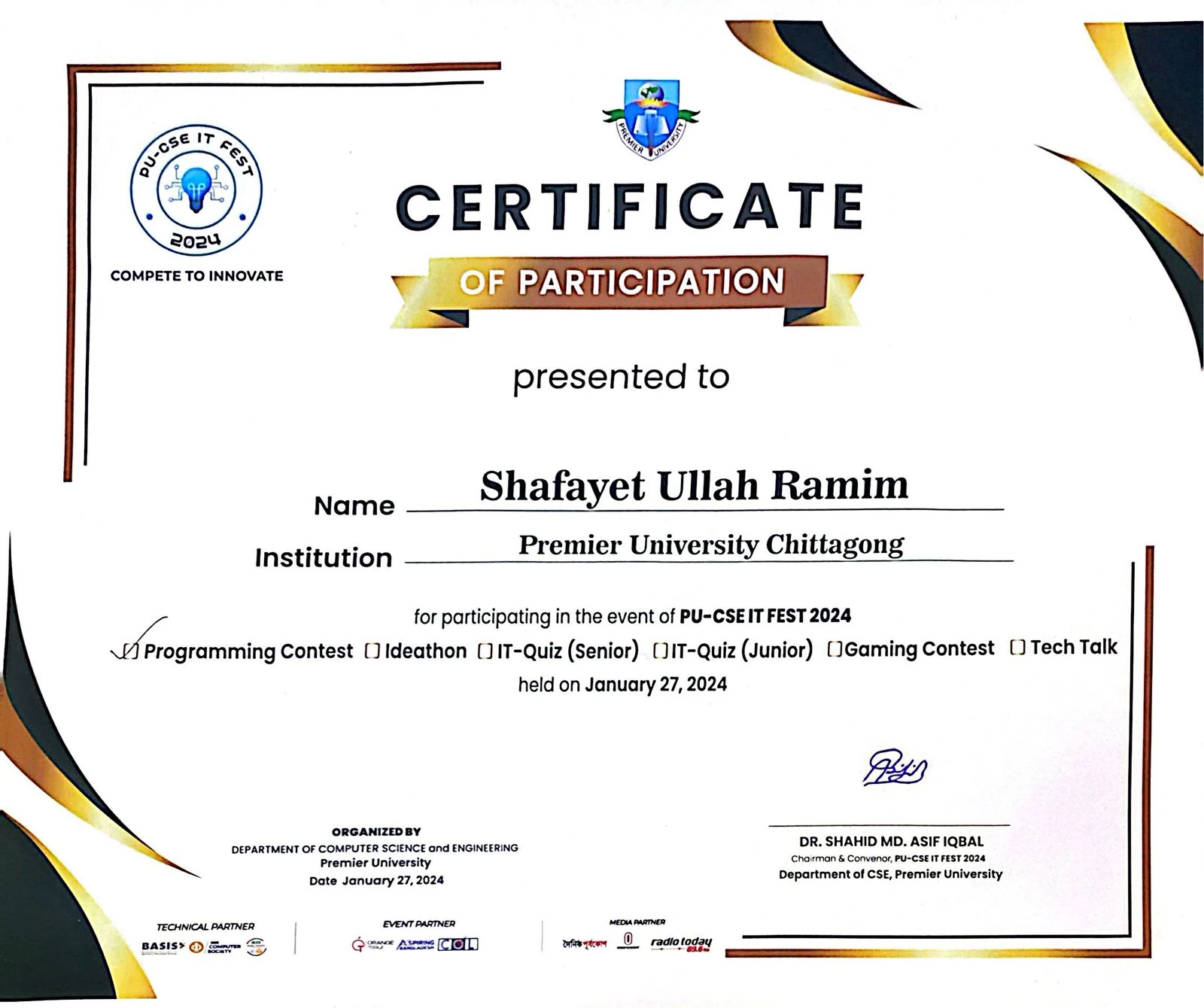 PUC IUPC Certificate